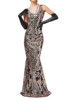 Women's Retro 1920s Sequin Dress Long Dress Maxi Dress Party Halloween Sequins Patchwork Floral Deep U Sleeveless Regular Fit Spring Fall 2023 Red Gold XS S M L -HANs Plus Size Style Shop kwahwn1692935472834