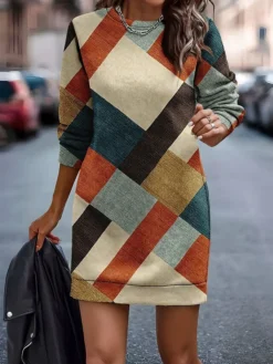 Women's Casual Dress Sweatshirt Dress Mini Dress Warm Fashion Outdoor Vacation Going Out Crew Neck Print Geometric Loose Fit Blue Orange Green S M L XL XXL