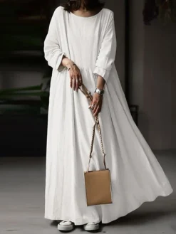 Women's Plus Size Work Dress Black Dress White Dress Fashion Long Dress Maxi Dress Ruched Patchwork Crew Neck Long Sleeve Plain Loose Fit Black White Brown Fall L XL XXL 3XL 4XL -HANs Plus Size Style Shop kwecpr1693374217095