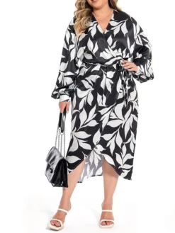 Women's Plus Size Curve Work Dress Satin Dress Wrap Dress Floral Midi Dress Long Sleeve Split V Neck Fashion Office Black Fall Winter L XL XXL 3XL 4XL -HANs Plus Size Style Shop kwjgxe1694772973598