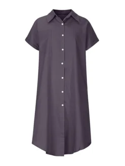Women's Casual Dress Denim Shirt Dress Midi Dress Denim Fashion Casual Outdoor Daily Vacation Shirt Collar Button Pocket Short Sleeve Summer Spring Fall 2023 Loose Fit Navy Blue Blue Sky Blue Plain S -HANs Plus Size Style Shop kwrcjz1675073410590