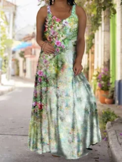 Women‘s Plus Size Curve Casual Dress Slip Dress Floral Butterfly Long Dress Maxi Dress Sleeveless Loose Print Strap Fashion Daily Black Light Green Spring Summer Dress -HANs Plus Size Style Shop kwsmpr1675231136409