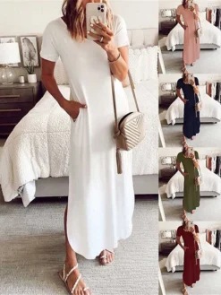 Women's Casual Dress Shift Dress Summer Dress Long Dress Maxi Dress Pocket Split Daily Date Going Out Fashion Basic Crew Neck Short Sleeve 2023 Regular Fit Black White Pink Color S M L XL XXL Size -HANs Plus Size Style Shop kwsmqi1686547014654