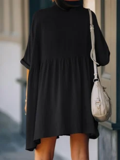 Women's Shirt Dress Casual Dress Mini Dress Outdoor Daily Cotton Basic Casual Shirt Collar Ruched Button Half Sleeve Summer Spring Fall 2023 Loose Fit Black White Pure Color M -HANs Plus Size Style Shop kxpwxj1681811924602