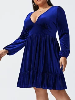 Women‘s Plus Size Curve Party Dress Velvet Dress Cocktail Dress Mini Dress Black Wine Royal Blue Long Sleeve Pure Color Ruched Spring Fall Winter V Neck Fashion Birthday Wedding Guest Vacation 2023 -HANs Plus Size Style Shop kxrtbd1692176740013
