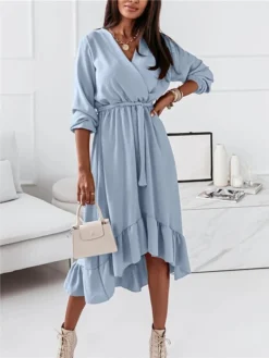 Women‘s Curve Sheath Dress Knee Length Dress Green Black Pink Light Blue Long Sleeve Solid Color Lace Up Ruffle Plus High Low Fall Spring V Neck Elegant Vintage Party Loose 2023 S M L XL XXL 3XL -HANs Plus Size Style Shop kydzuj1635330865989