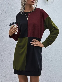 Women's Casual Dress Hoodie Dress Mini Dress Fashion Daily Outdoor Home Vacation Crew Neck Patchwork Print Loose Fit Blue Army Green Dark Gray S M L XL -HANs Plus Size Style Shop kyfmir1693535794567