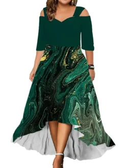 Women‘s Plus Size Curve Casual Dress Graphic Floral Long Dress Maxi Dress Half Sleeve Print V Neck Fashion Daily Blue Dark Green Summer Spring L XL XXL 3XL 4XL -HANs Plus Size Style Shop kyzudu1686027839853