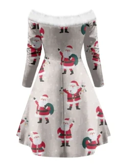 Women's Christmas Swing Dress Vintage Dress Mini Dress Green Blue Light Green Beige Gray Black Long Sleeve Santa Claus Snowman Snowflake Backless Feather Print Winter Fall Off Shoulder Stylish Elegant -HANs Plus Size Style Shop kzecfl1666343933967