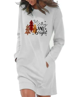 Women‘s Christmas Hoodie Dress Winter Dress Light Blue Grey White Long Sleeve Letter Tree Snowflake Pocket Print Winter Fall Crew Neck Stylish Casual Fall Dress Loose Fit 2022 S M L XL 2XL -HANs Plus Size Style Shop kzwimp1666430319389