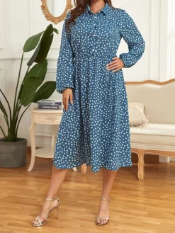 Women's Plus Size Shirt Dress Casual Dress Tunic Dress Midi Dress Outdoor Daily Date Polyester Basic Classic Shirt Collar Button Print Long Sleeve Spring Fall Winter 2023 Loose Fit Blue Floral XL 2XL