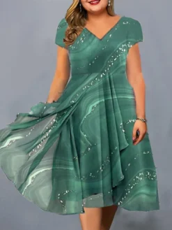 Women‘s Plus Size Curve Casual Dress Color Gradient V Neck Short Sleeve Spring Fall Casual Midi Dress Daily Vacation Dress -HANs Plus Size Style Shop lakeap1671190171661