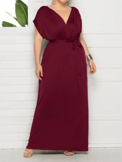Women's Plus Size Curve Party Dress Sheath Dress Formal Dress Maxi Dress White Wine Royal Blue Short Sleeve Pure Color Lace Up Spring Fall Autumn V Neck Fashion Birthday Wedding Guest Vacation -HANs Plus Size Style Shop lamfvq1692178806697