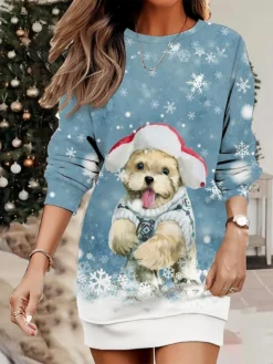 Women's Christmas Casual Dress Sweatshirt Dress Mini Dress Warm Fashion Outdoor Vacation Crew Neck Print Animal Loose Fit Blue Purple Green S M L XL XXL