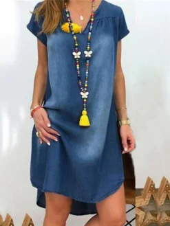 Women's Denim Dress Casual Dress Midi Dress Denim Fashion Casual Outdoor Vacation V Neck Asymmetric Short Sleeve Summer Spring Fall 2023 Loose Fit Black Navy Blue Sky Blue Plain S M L XL 2XL