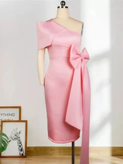 Women's Plus Size Curve Party Dress Cocktail Dress Bodycon Plain Midi Dress Short Sleeve Ruffle Bow One Shoulder Fashion Party Yellow Pink Fall Winter XL XXL 3XL 4XL -HANs Plus Size Style Shop lbgzdp1694425976412