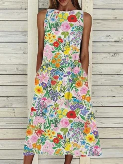 Women‘s A Line Dress Midi Dress Sleeveless Floral Pocket Cold Shoulder Print Spring Summer Round Neck Casual Vintage Going Out 2023 S M L XL XXL Cotton -HANs Plus Size Style Shop lblkfn1617761865259