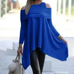 Women's Sweater Dress Mini Dress Black White Blue Long Sleeve Pure Color Cold Shoulder Summer Spring Boat Neck Modern Winter Dress Office Vacation 2023 S M L XL XXL 3XL -HANs Plus Size Style Shop lbnejw1668477568706