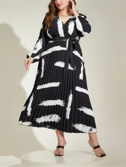 Women's Plus Size Curve Work Dress Swing Dress Black Dress Fashion Long Dress Maxi Dress Lace Up Print V Neck Long Sleeve Graffiti Regular Fit Black Fall Winter L XL XXL 3XL 4XL -HANs Plus Size Style Shop lbptnk1693300602753