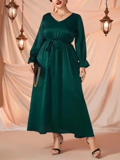 Women's Plus Size Curve Prom Dress Party Dress Wedding Guest Dress Long Dress Maxi Dress Green Long Sleeve Pure Color Lace Up Fall Winter Autumn V Neck Fashion Evening Party Wedding Guest