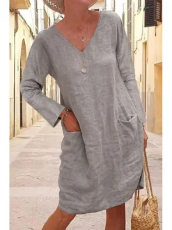 Women's Linen Dress Shift Dress Knee Length Dress Black Yellow Khaki Long Sleeve Pure Color Winter Fall V Neck Basic Winter Dress Weekend Fall Dress Loose Fit 2023 S M L XL XXL 3XL 4XL 5XL -HANs Plus Size Style Shop lbuigd1598325322138