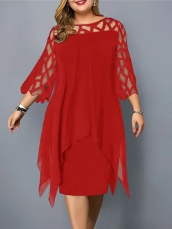 Women‘s Plus Size Curve Work Dress Sheath Dress Color Block Midi Dress 3/4 Length Sleeve Lace Patchwork Crew Neck Fashion Outdoor White Red Summer Spring L XL XXL 3XL 4XL