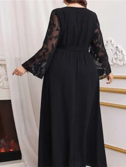 Women's Plus Size Curve Prom Dress Party Dress Wedding Guest Dress Long Dress Maxi Dress Black Long Sleeve Pure Color Lace Up Fall Winter Autumn Crew Neck Fashion Evening Party Wedding Guest -HANs Plus Size Style Shop lbxtoj1693210773545