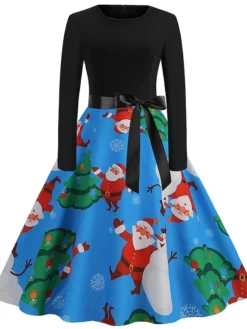 Women's Christmas Vintage Dress Green Black Light Red Red Light Blue Long Sleeve Print Print Winter Fall Crew Neck Vintage 2022 S M L XL 2XL 3XL -HANs Plus Size Style Shop lcldfz1667467148037