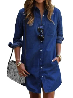 Women's Denim Dress Shirt Dress Shift Dress Mini Dress Outdoor Winter Dress Daily Cotton Denim Casual Shirt Collar Button Pocket Long Sleeve Summer Spring Fall 2023 Regular Fit Black Army Green Dark -HANs Plus Size Style Shop lclofy1653299656852