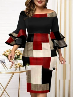 Women‘s Plus Size Curve Party Dress Plaid Off Shoulder Print 3/4 Length Sleeve Spring Fall Elegant Mature Midi Dress Formal Work Dress