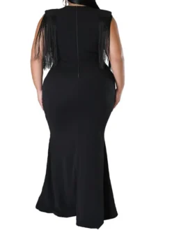 Women‘s Plus Size Curve Party Dress Solid Color V Neck Tassel Fringe Sleeveless Spring Summer Formal Maxi Long Dress Party Date Dress -HANs Plus Size Style Shop lcynyq1659936865578