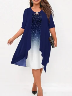 Women's Plus Size Curve Party Dress Sequin Dress Cocktail Dress Gradient Midi Dress Half Sleeve Patchwork Fake Two Piece Crew Neck Fashion Party Blue Fall Winter L XL XXL 3XL 4XL
