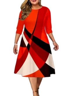 Women‘s Plus Size Curve Work Dress A Line Dress Stripe Midi Dress 3/4 Length Sleeve Print Crew Neck Elegant Office Red Fall Spring XL XXL 3XL 4XL 5XL -HANs Plus Size Style Shop ldgisn1673001005986