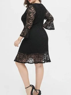 Women's Plus Size Party Dress Lace Dress Cocktail Dress Midi Dress Black 3/4 Length Sleeve Pure Color Lace Spring Fall Winter V Neck Fashion Winter Dress Birthday Wedding Guest 2023 XL XXL 3XL 4XL -HANs Plus Size Style Shop ldifse1693535469871