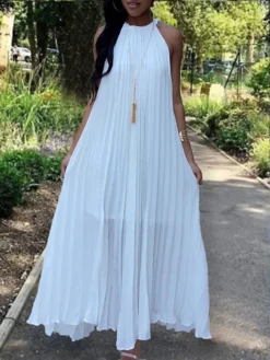Women's Long Dress Maxi Dress Casual Dress Chiffon Dress White Dress Plain Basic Modern Daily Holiday Date Pleated Sleeveless Halter Dress Loose Fit Black White Navy Blue Summer Spring S M L XL