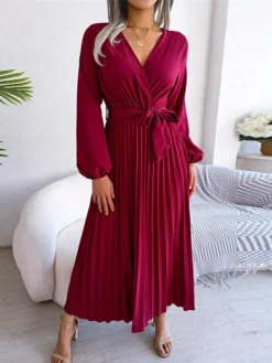 Women's Casual Dress Swing Dress Long Dress Maxi Dress Black Red Royal Blue Long Sleeve Pure Color Lace Up Spring Fall Winter V Neck Fashion 2023 S M L XL -HANs Plus Size Style Shop ldnobo1670581791706