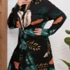 Women's Plus Size Shirt Dress Casual Dress Midi Dress Outdoor Daily Vacation Polyester Fashion Casual Shirt Collar Lace Up Button Long Sleeve Fall Winter 2023 Regular Fit Black Leaf L XL 2XL 3XL 4XL