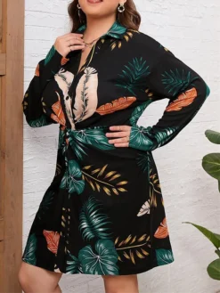 Women's Plus Size Shirt Dress Casual Dress Midi Dress Outdoor Daily Vacation Polyester Fashion Casual Shirt Collar Lace Up Button Long Sleeve Fall Winter 2023 Regular Fit Black Leaf L XL 2XL 3XL 4XL
