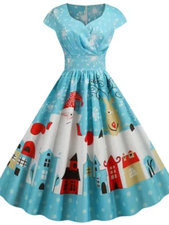 Women's Christmas Knee Length Dress Blue Dusty Blue Royal Blue Black Red Navy Blue Dark Blue Light Blue Short Sleeve Print Print Fall Winter V Neck Casual Vintage2021 S M L XL XXL 3XL -HANs Plus Size Style Shop ldoxni1629970326360