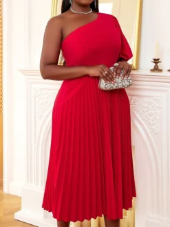 Women's Plus Size Curve Party Dress Cocktail Dress Swing Dress Plain Midi Dress Half Sleeve Pleated One Shoulder Fashion Party Red Fall Winter XL XXL 3XL 4XL -HANs Plus Size Style Shop ldxwgn1694425973916