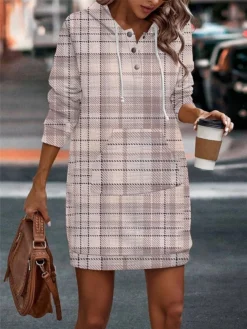 Women's Casual Dress Hoodie Dress Mini Dress Warm Fashion Outdoor Vacation Going Out Hoodie Pocket Print Geometric Regular Fit Pink Rose Red Gray S M L XL XXL -HANs Plus Size Style Shop leoktq1695027791528