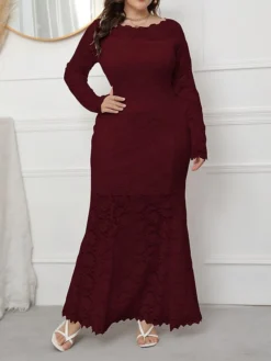 Women's Plus Size Curve Party Dress Lace Dress Sheath Dress Solid Color Long Dress Maxi Dress Long Sleeve Lace Crew Neck Fashion Wedding Black White Spring Fall XL XXL 3XL 4XL 5XL -HANs Plus Size Style Shop lepylt1693533324983