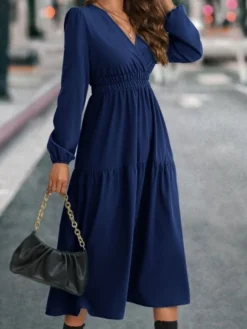 Women's Swing Dress Plain Dress Empire Waist Dresses Long Dress Maxi Dress Ruched Outdoor Street Daily Active Fashion V Neck Long Sleeve 2023 Regular Fit Blue Green Color S M L XL Size -HANs Plus Size Style Shop lfcdvb1694517619246