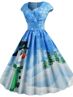 Women's Christmas Knee Length Dress Blue Dusty Blue Royal Blue Black Red Navy Blue Dark Blue Light Blue Short Sleeve Print Print Fall Winter V Neck Casual Vintage2021 S M L XL XXL 3XL -HANs Plus Size Style Shop lfjnyl1629970325187