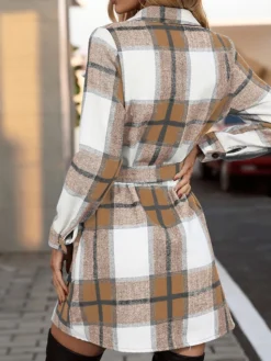 Women's Casual Dress Winter Dress Plaid Dress Mini Dress Lace Up Pocket Street Holiday Vacation Fashion Streetwear Shirt Collar Long Sleeve 2023 Loose Fit Light Pink Black Yellow Color S M L XL Size -HANs Plus Size Style Shop lfnhge1692687492412