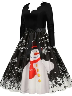 Women's Christmas Party Dress Swing DressKnee Length Dress Green Purple Wine Red Black Long Sleeve Santa Claus Elk Snowman Print Fall Winter V Neck Vintage Party Elegant Party 2022 S M L XL XXL 3XL -HANs Plus Size Style Shop lfvltk1665475507332