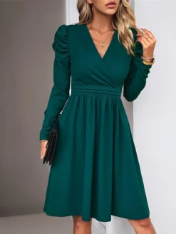 Women's Casual Dress Plain Dress Empire Waist Dresses Midi Dress Ruched Outdoor Daily Holiday Fashion Modern V Neck Long Sleeve 2023 Regular Fit Black Green Khaki Color S M L XL Size -HANs Plus Size Style Shop lgbwgz1692081758291