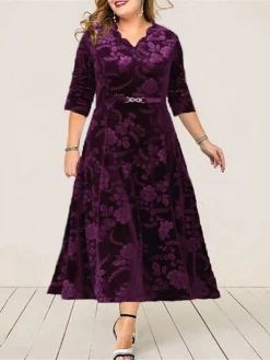 Women‘s Plus Size Curve Party Dress Cocktail Dress Wedding Guest Dress Midi Dress Wine Blue Purple 3/4 Length Sleeve Pure Color Jacquard Spring Fall Winter V Neck Fashion Winter Dress Wedding Guest -HANs Plus Size Style Shop lggwsr1691403019737
