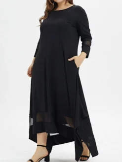 Women‘s Plus Size Curve Casual Dress Pure Color Crew Neck 3/4 Length Sleeve Spring Fall Casual Maxi Long Dress Daily Vacation Dress Black Dress -HANs Plus Size Style Shop lgjlkc1666950759525