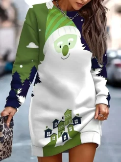 Women's Casual Dress Sweatshirt Dress Mini Dress Warm Fashion Outdoor Christmas Vacation Crew Neck Print Santa Claus Regular Fit White S M L XL XXL -HANs Plus Size Style Shop lgpdnp1697169433827
